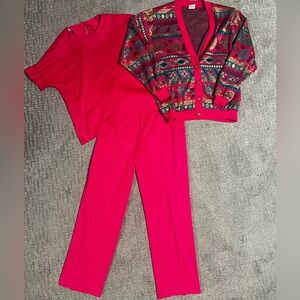 Vintage Graff Three Piece Hot Pink Set Colorful Floral Design Cardigan 12 14